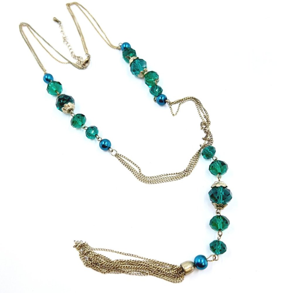 NWT – Charming Charlie – Green Beaded Y Style Tassel Gold Tone 26” Necklace